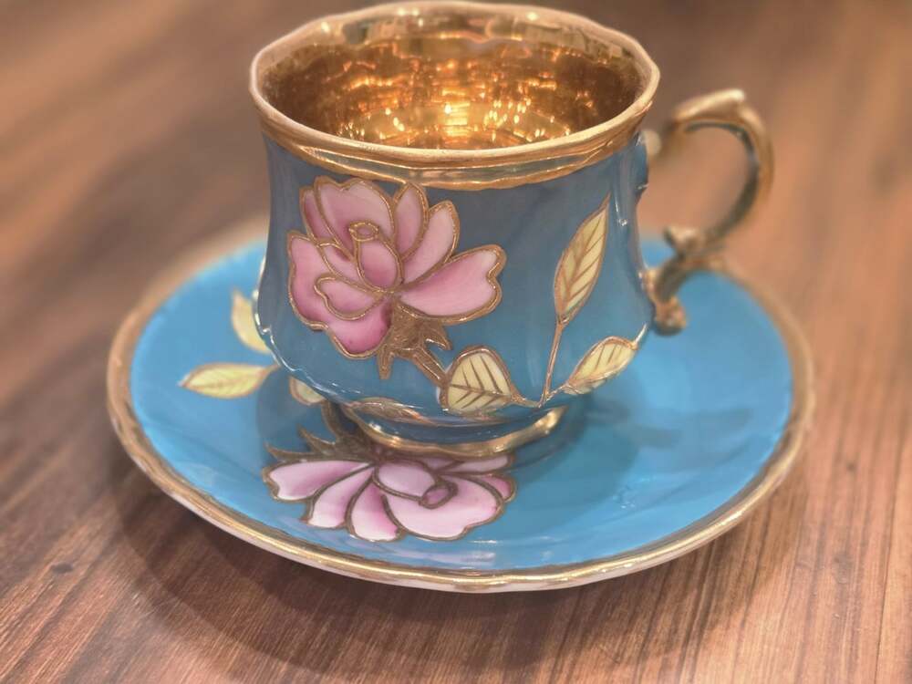 Vtg Japanese Turquoise & Gold Teacup Saucer Set Raised Pink Rose - Picture 2 of 12